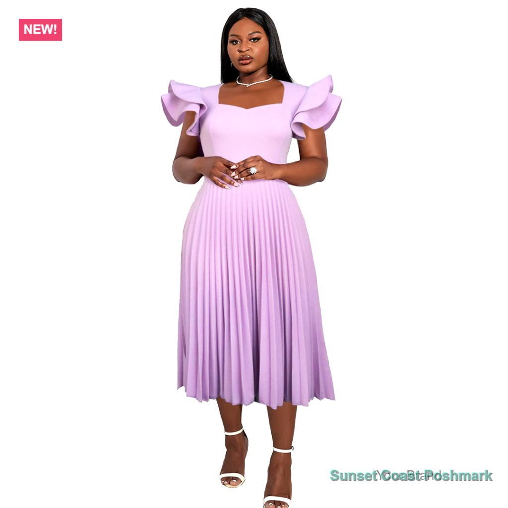 Square Collar Ruffle Sleeve Pleated A-Line Midi Dress